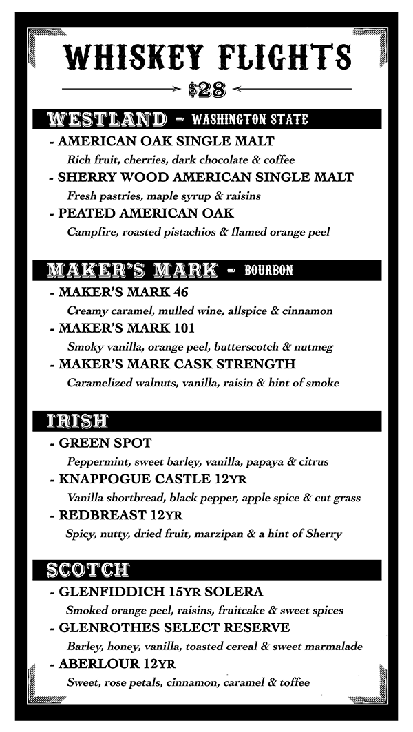 the stave bar whiskey flights menu